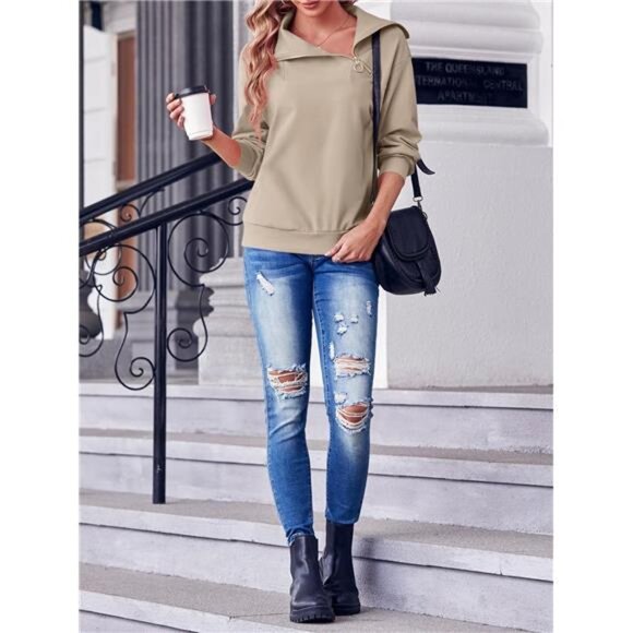 Women's Loose Fit Turtleneck Zipper Sweatshirt – Casual Long Sleeve Pullover - Picture 7 of 7